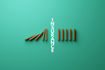 Falling dominoes, interrupted by the inscription INSURANCE. The concept of insurance, safety for people and personal goods, collapse protection. 3D render, 3D illustration.