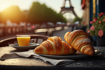 Delicious french croissants with coffee on the terrace of a modern cafe in Paris, AI Generative