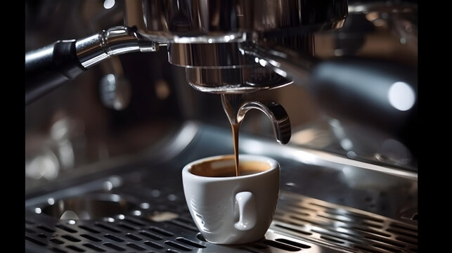 Close-up of espresso pouring from coffee machine. Professional coffee brewing. Generative Ai