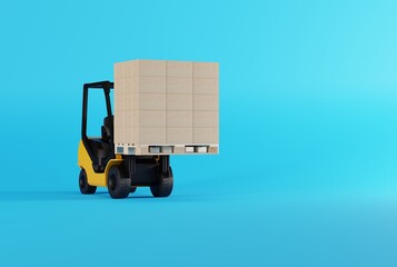 Forklift with a pallet and cardboard boxes. The concept of transport, the work of couriers and logistics companies. Couriers delivering parcels. 3D render, 3D illustration.