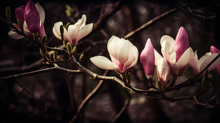 Fototapeta premium Beautiful branch of blooming magnolia. Generative Ai