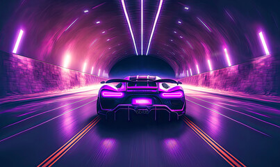 Back side of super sport car at fast ride in road tunnel. Postproducted generative AI illustration.