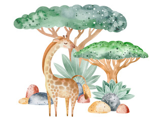 Set of watercolor illustrations of savannah animals in nature. Children's illustration of animals on a white background. Drawn by hand.