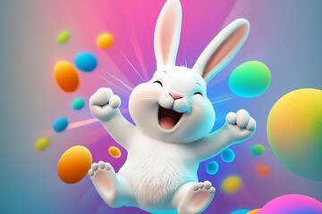 Happy jumping cartoon Easter bunny with colorful flying Easter eggs. Generative AI