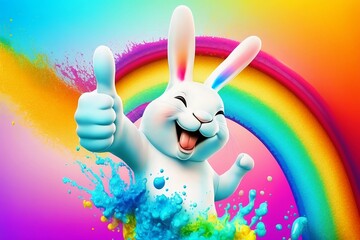 Happy cartoon Easter bunny with thumbs up on. Colorful rainbow splash background. Generative AI