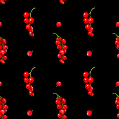 Seamless pattern with red berries. Watercolor currant isolated on black background. Clip art berry branches.
