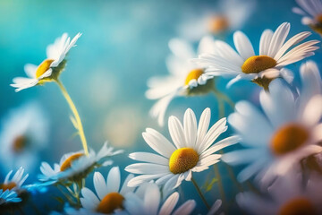 Beautiful illustration of spring blooming chamomile and blue blurred background on a sunny day Generative AI