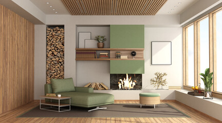 Modern living room with fireplace and chaise lounge
