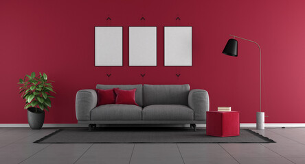 Gray sofa in modern living room on viva magenta wall