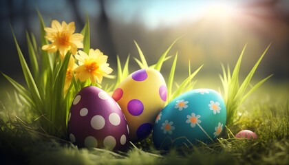 Wallpaper Illustration and background of easter eggs, in a beautiful garden. Front view. Concept of Happy Easter. Generative AI.