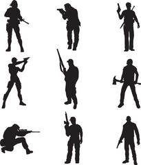 A set of silhouettes of special forces or modern soldiers. Black and white illustration. Different poses, weapons and ammunition