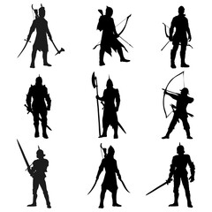 a set of medieval warriors. black and white silhouettes of people for coloring. historical hobby