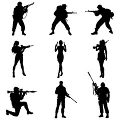 A set of silhouettes of special forces or modern soldiers. Black and white illustration. Different poses, weapons and ammunition