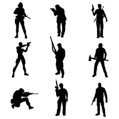A set of silhouettes of special forces or modern soldiers. Black and white illustration. Different poses, weapons and ammunition