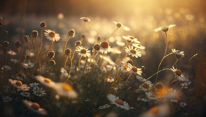 Blooming wild flowers matricaria chamomilla or matricaria recutita. Wild chamomile in sunlit summer meadow. Generative AI. - obrazy, fototapety, plakaty