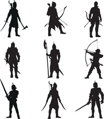 Naklejka premium a set of medieval warriors. black and white silhouettes of people for coloring. historical hobby