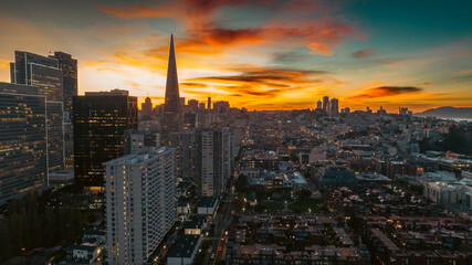 san francisco city in sunset by drone view