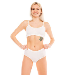 Fototapeta premium Young beautiful blonde woman in white sports underwear