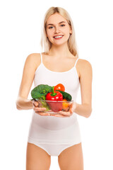 Portrait of young blonde woman on isolated white background