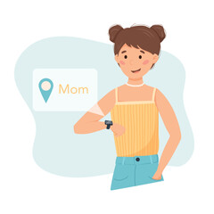 Girl with smart watch on her wrist, incoming notification. Cartoon Woman looking at fitness bracelet. Sharing Geolocation. Vector isolated flat illustration.