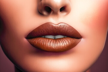 Closeup view of a brown mate lipstick make-up on a sexy girls lips. AI generative