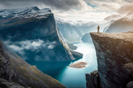 Man on top of a cliff and Aerial view of majestic Norway Fjord with scenic mountains and sea. AI generative