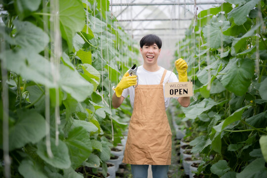 Farm owner man holding wooden sign with open letter and branch scissor looking at camera with smile of happiness, taking care, smart farm concept.