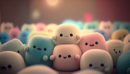 Lots of soft cute toys, with a blurred background