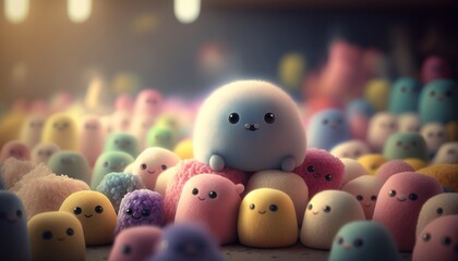 Lots of soft cute toys, with a blurred background