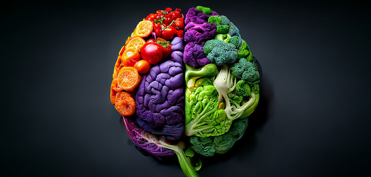 Human brain made of variety of colorful vegetables and fruits, concept of vegetarian, vegan, healthy nutrition - Generative AI