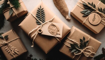 Eco-friendly gift wrapping in kraft paper and leaves