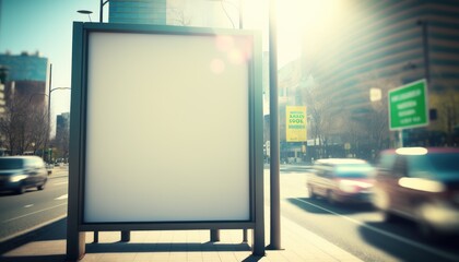 Fototapeta premium Empty billboard in city, bright day, blur background Mockup