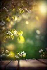 Obraz premium illustration, spring flower on a wooden table in a green garden, ai generative