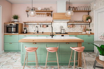 generative ai illustration of a pastel colored kitchen mock up