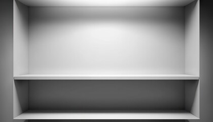 Empty white shelf, with multiple levels. Mockup