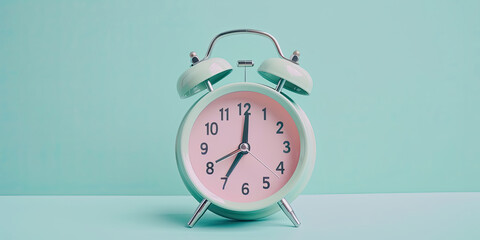 generative ai illustration of a pastel colored alarm clock on light blue background with copy space