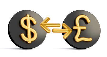 Gold Coin with Dollar to Pound Currency exchange sign icon isolated on white. 3D illustration
