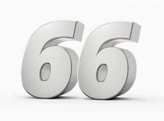 Silver 3d numbers 66 Sixty six. Isolated white background 3d illustration