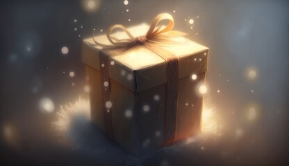 Abstract gift box with a bow, on a background with particles and blur