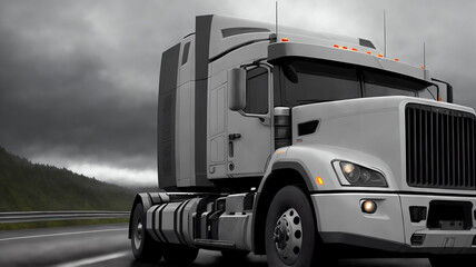 A truck is driving on the road. Dark dramatic landscape as background, gloomy sky with rainy clouds, forest and hill. Generative AI.