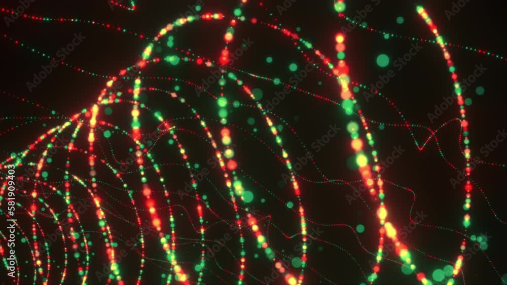 Poster Animated 3D particles. abstract futuristic composition of many rows of green space dust. Motion. Amazing flowing space dust in a form of a spiral.