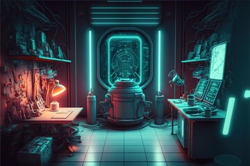 A laboratory in the interior of a spaceship and an empty podium for the presentation of a cyberpunk product. Technology and sci-fi concept. AI.
