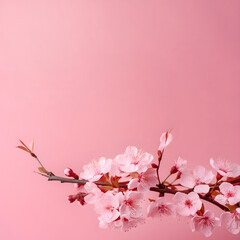Fototapeta premium Flowering tree branch isolated on pink background with copy space. Generative AI
