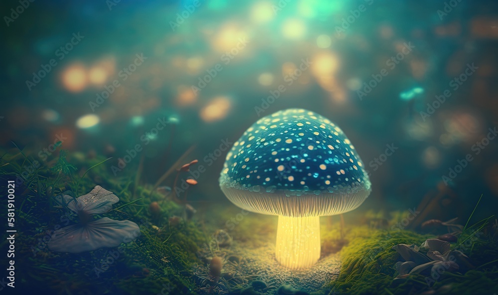 Poster a blue mushroom sitting on top of a lush green field next to a forest filled with trees and grass co
