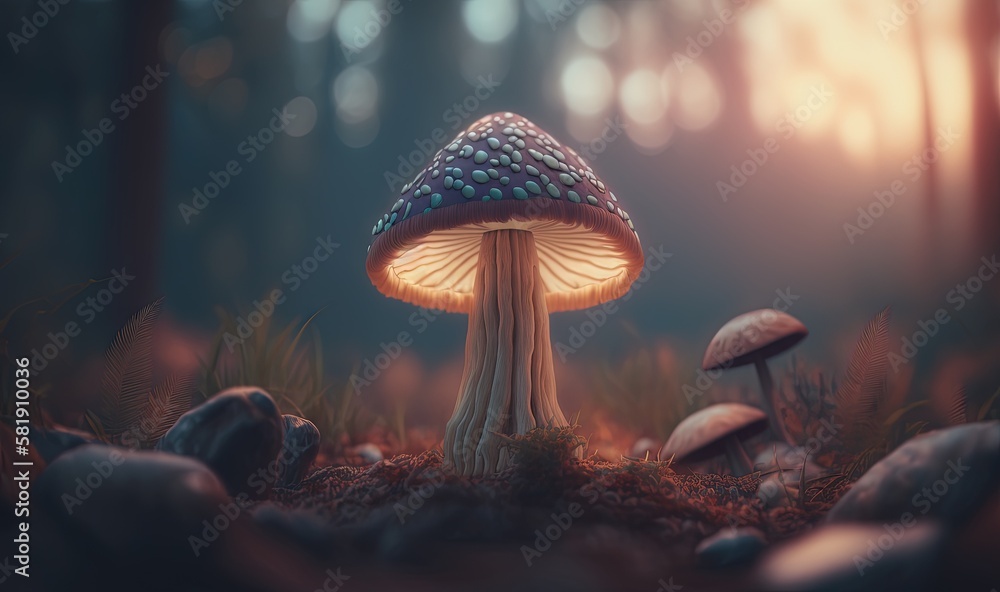 Poster a mushroom in the middle of a forest with rocks and grass on the ground and a light shining on the m