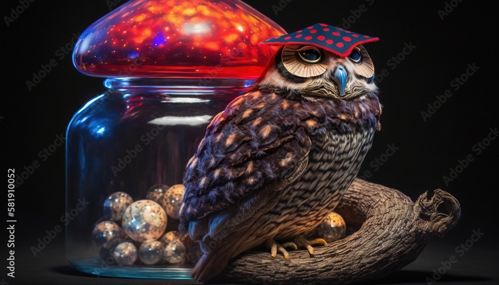 Poster an owl is sitting on a branch in front of a jar of balls and a mushroom cap on a black background wi