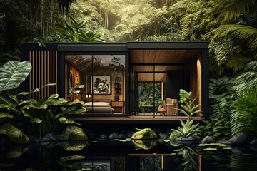 Beautiful Small Ecological House with Large Windows in a Jungle Environment (Generative AI)