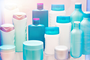 Plastic cosmetic bottles and shampoo