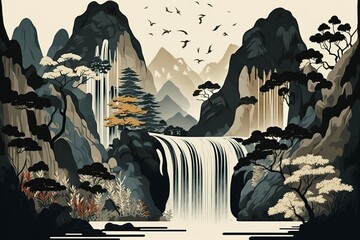 Waterfall and mountain landscape in traditional oriental, minimalist Japanese style. AI