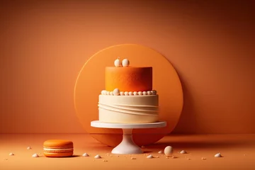 Fotobehang Abstract white cake in a minimalist style on birthday decorated with sweets, balls, macaron on a orange background. Generative AI © Alexandr_DG